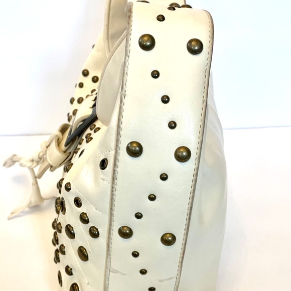 Cream Satchel with Brass Studs and Tassel Buckle Clasp - Picture 6 of 12